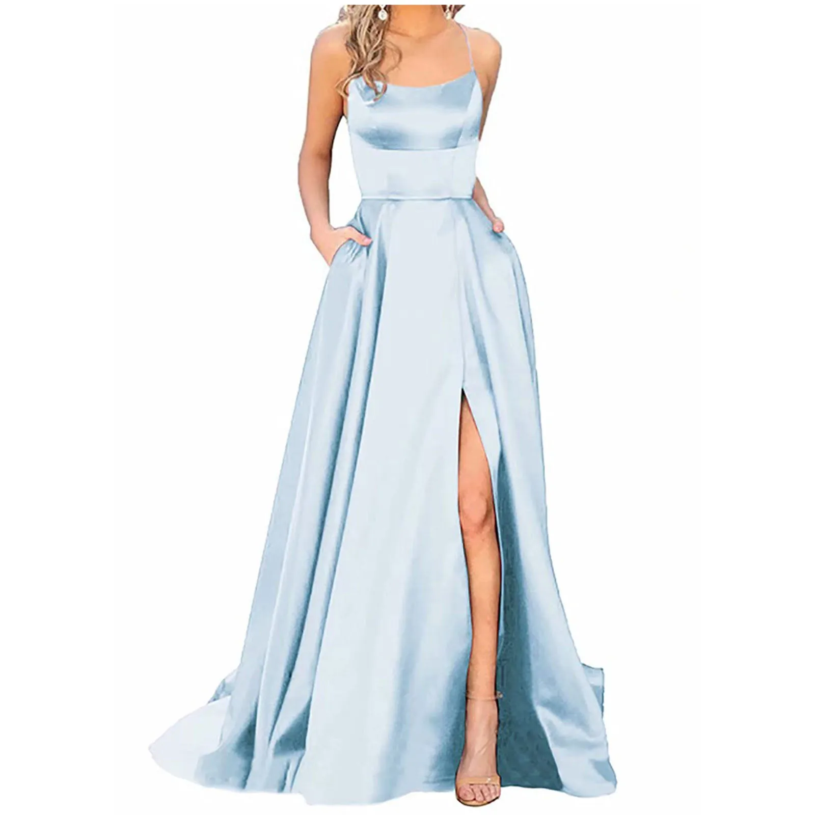 

2024 New Backless Long Dresses A-line Criss-cross Satin Spaghetti Strap Party Women's Long Ball Dresses Elegant Halterneck Dress