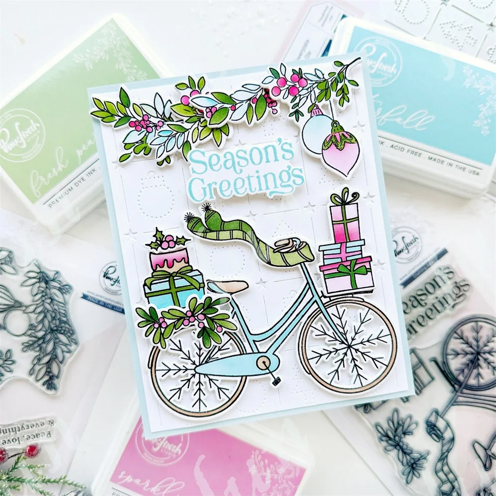 Christmas Poinsettia Frame Cutting Dies Stamps Festive Holiday Bicycle Greetings Hot Foil Stencils Deck the Halls Washi Tape