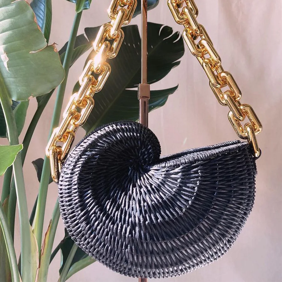 Metal Bag Chains Boho Crossbody Beach Bags Women Handwoven Bohemian Shell Rattan Straw Shoulder Bags for Girls