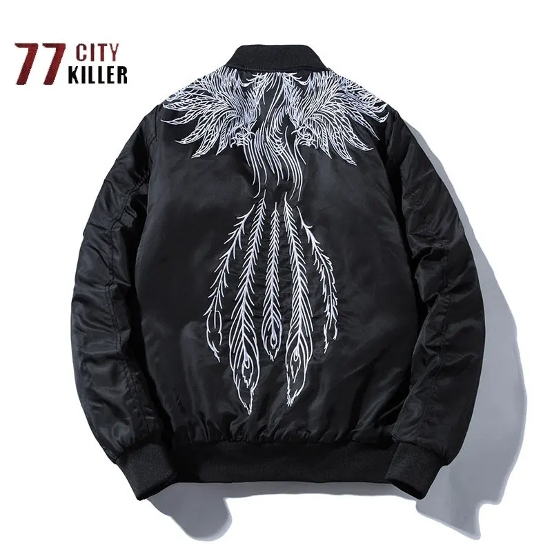 

Mens Phoenix Embroidered Pilot Jacket Round Neck Zipper Pocket Baseball Jersey Street Fashion Casual Loose Coat Chaquetas Hombre