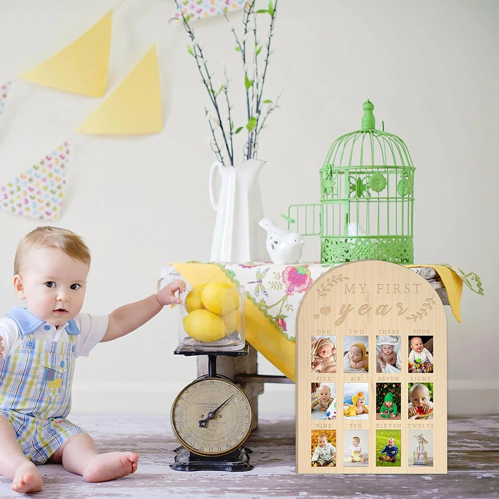 R HORSE My First Year Photo Display Wood Board, 3D Daisy Babys First Year Picture Frame 12 Months Milestone Board Neutral Baby Keepsake Birthday Nursery Decor Gift For Boy Girl