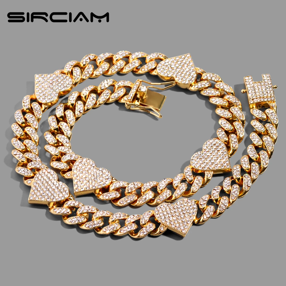 

New Iced Out Full Rhinestones Love Heart Cuban Chain For Women Men Punk 13MM Cuban Link Chain Choker Necklaces Hip Hop Jewellery