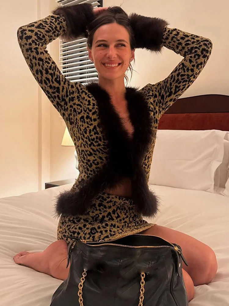 Nibber Wild Leopard Print 2Piece Set Woman Autumn Trend Furry Patchwork Full Sleeve Tops+Skinny Mini Skirts Street Style Outfits