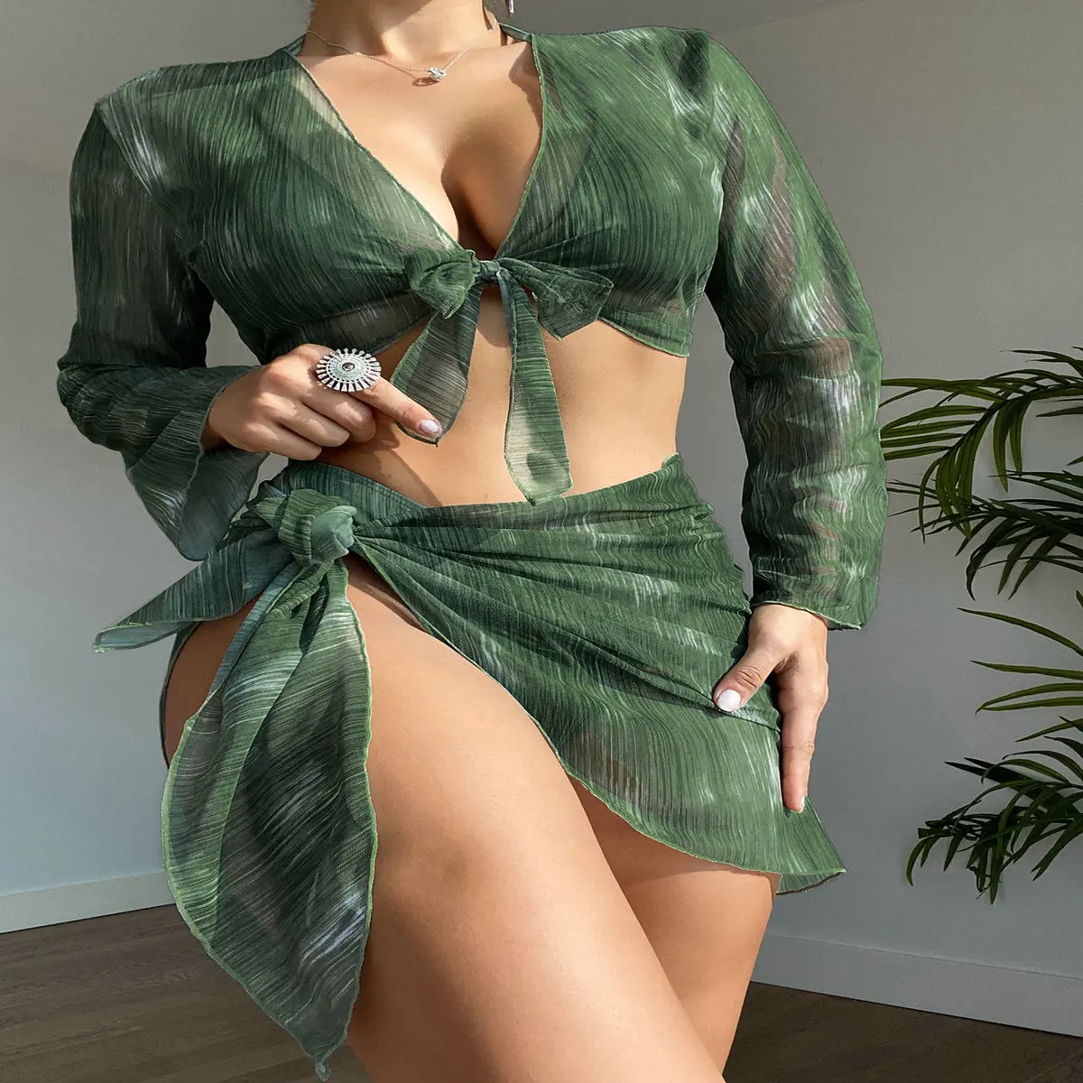Women Clothing Swimsuit Suit Sexy Bikini Suit Women's Split Four-piece Set Striped Lace Print Long-sleeved Ins Bathing Suit YA32
