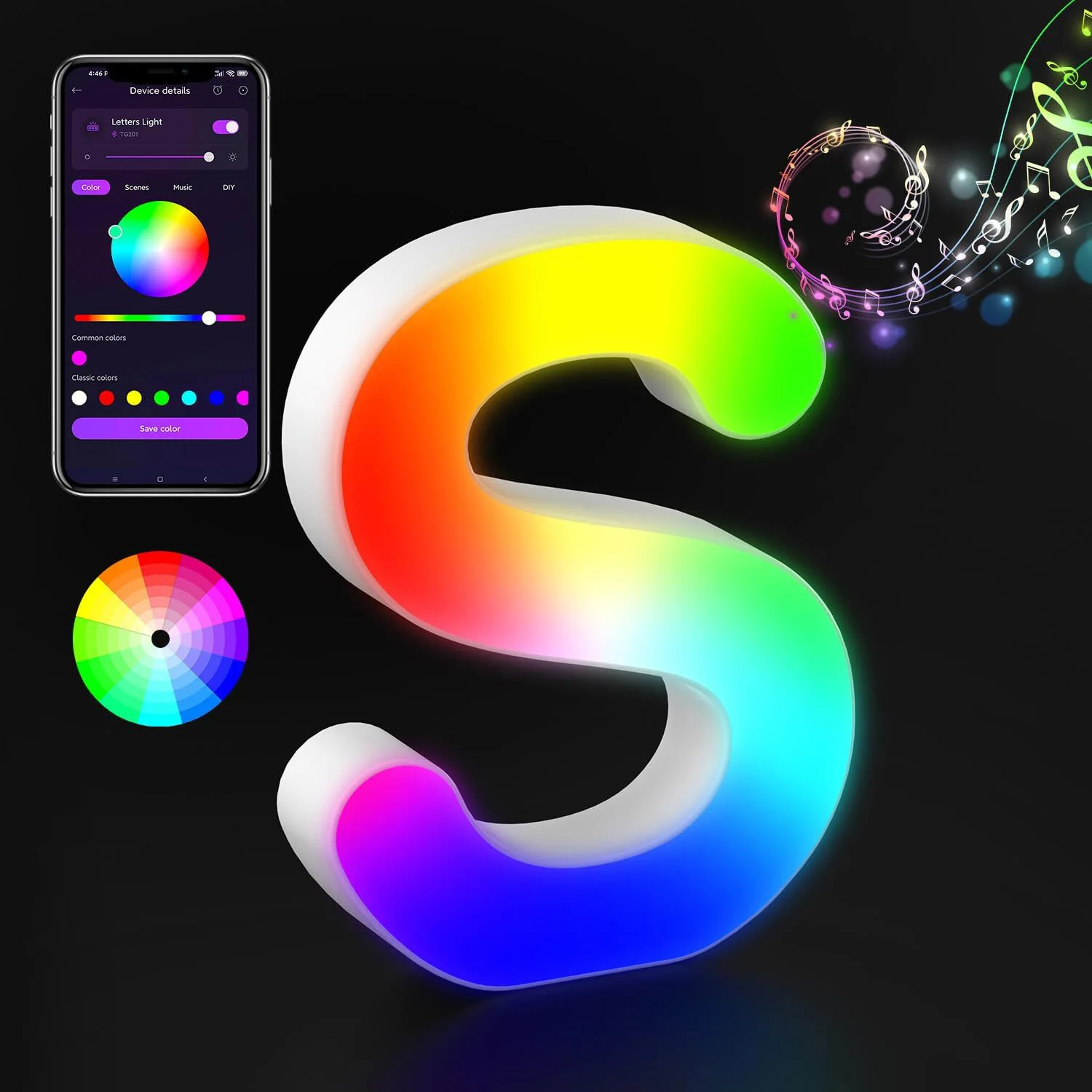 Music Sync LED Light Up Letters – RGB Color Changing Marquee Letters For Wall & Desk Decor (6.17"x5.9")