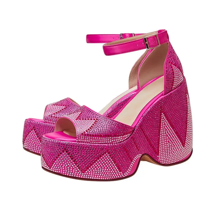 

Women's New Square Head Open Toe Super High Wedge Heel Slotted Buckle Mary Jane Sandals Sexy Rhinestone Decorative Sandals
