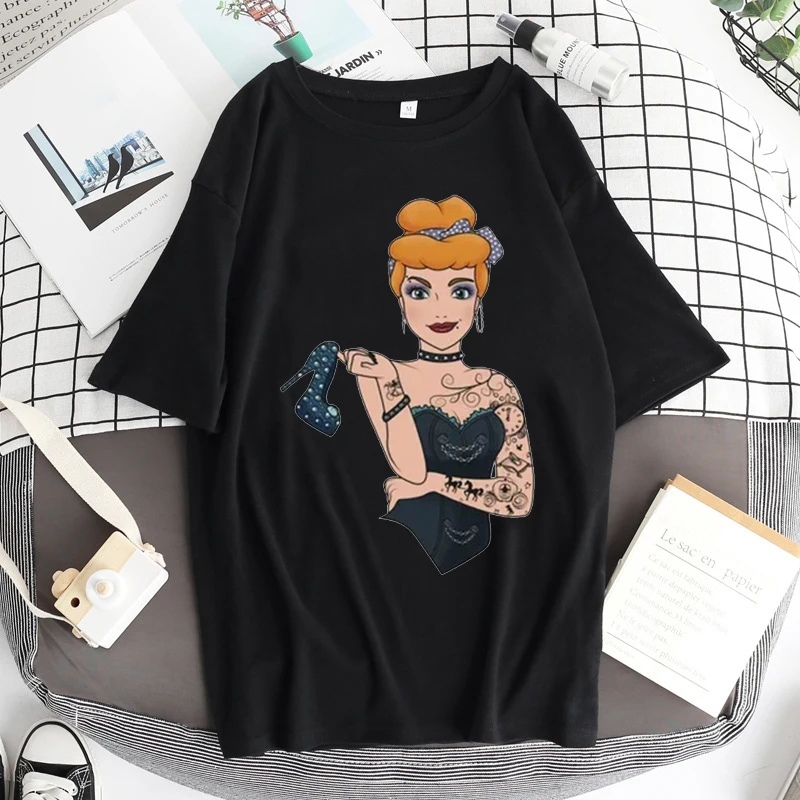 Alice In Wonderland T Shirt Women Cotton Tops Black Alice Snow White Princess Print Casual Short Sleeve 90s Fashion T-shirt t shirt palm angels