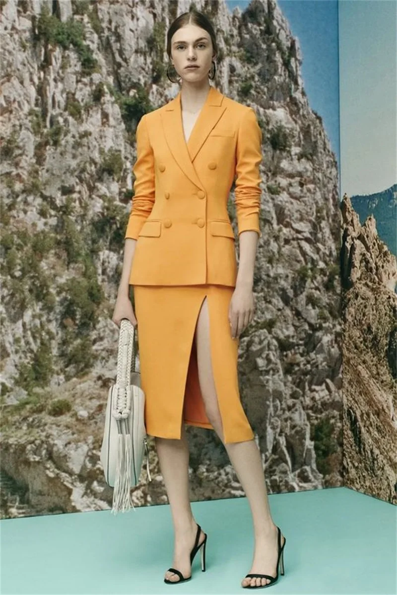 

Bright Yellow Women Suit Skirt Set Blazer+Split Dress 2 Pcs Custom Made Formal Office Lady Jacket Prom Wedding Tuxedo Costumes