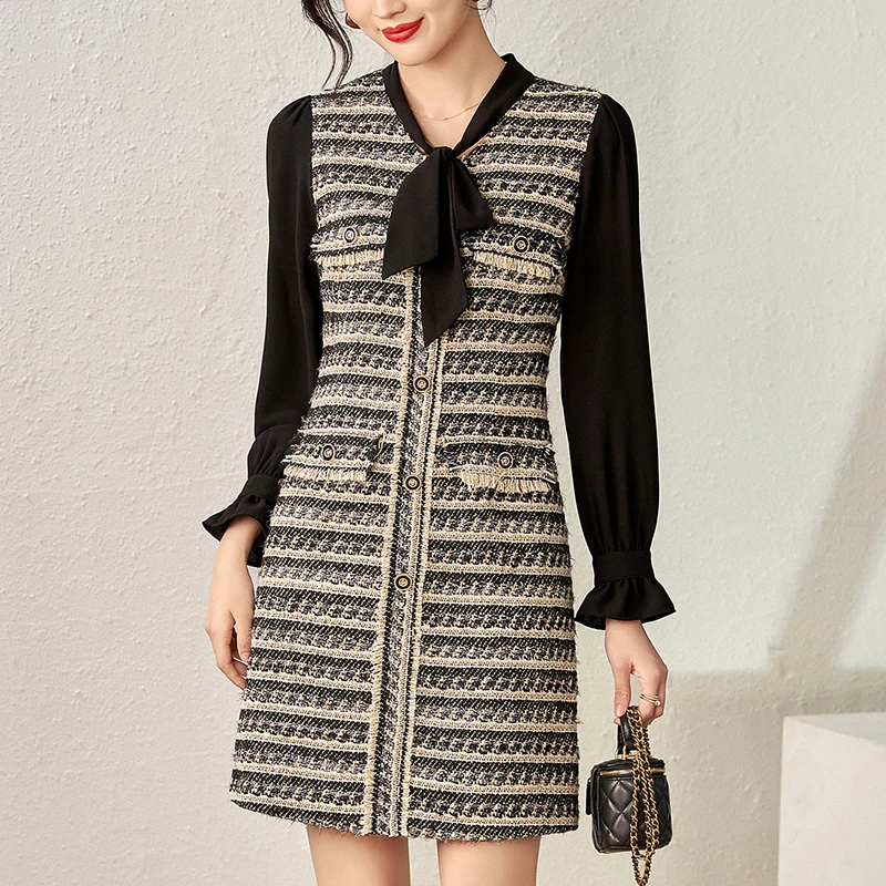 

Autumn Winter Women's Vintage Tweed Dress Bow Chiffon Long Sleeve Elegant Fashion Dresses For Women Office Lady Black Red Dress