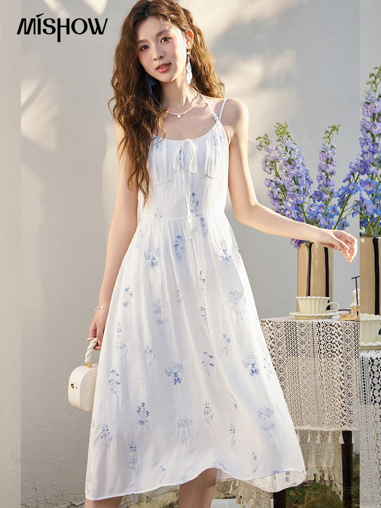 

MISHOW Floral Suspender Embroidered Chiffon Dress for Women Summer French Fairycore Lace Up Beading A-LINE Dresses MXD12L1654