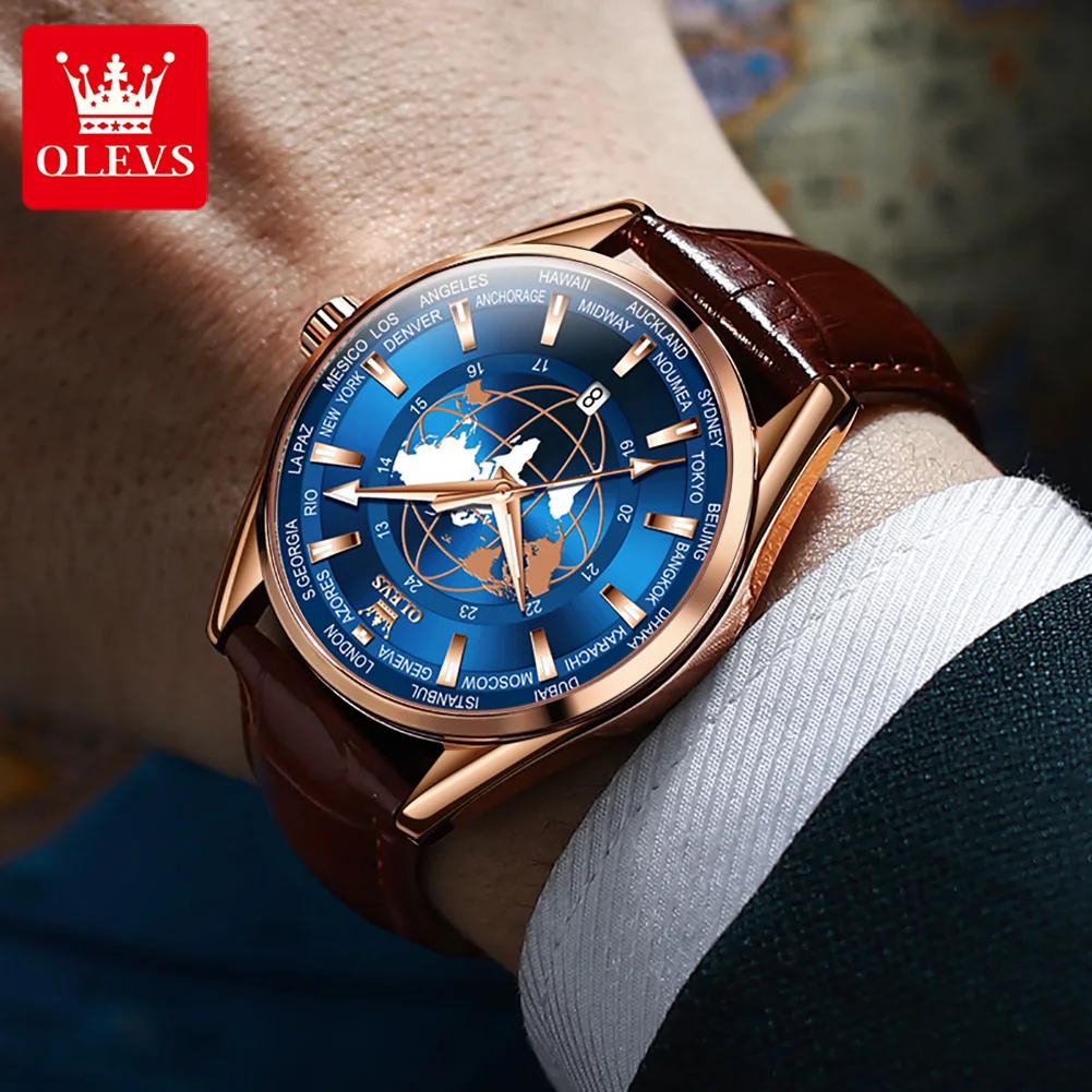 OLEVS Fashion Dial Design Blue Quartz Watch for Men Luxury Leather Waterproof Calendar Sport Mens Wristwatches Relogio Masculino