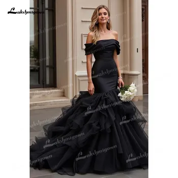 Elegant Satin Off-The-Shoulder Black Mermaid Wedding Dress 2026 Ruffled Tulle Train Bridal Gown Vestidos Para Mujer Customized 1