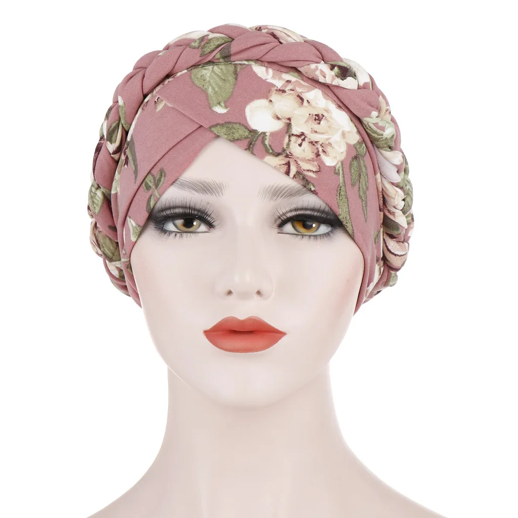 

Braid Hijabs for Women Cross Forehead Floral Print Muslim Woman Turban for Party Elegant Islamic Headwrap Elastic Hijab Bonnets