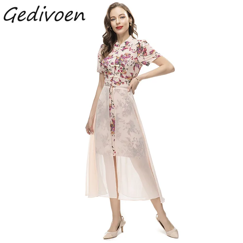 

Gedivoen Summer Fashion Runway Vintage Floral Print Dress Women Stand Collar Beading Button Voile Spliced High Waist Long Dress