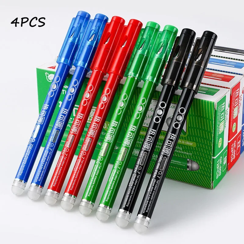 4 Uds. Bolígrafos borrables al calor de 0,7 MM, punta de bala, bolígrafo de Gel borrable sensible al calor de colores, escritura suave, tinta negra, azul, roja y verde