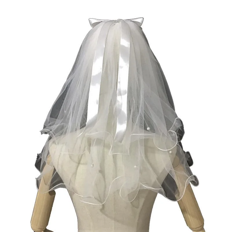Short Wedding Veil Bridal Veil With Comb Bow Pearls 2 Layers Simple Bridal Mariage Accessories