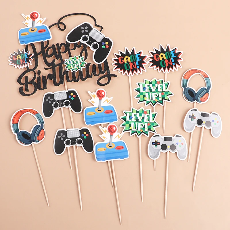 13Pcs/set Video Game Cake Toppers Game On Controllers Cupcake Picks Kids Boy Girl Happy Birthday Party Cake Decoration Supplies