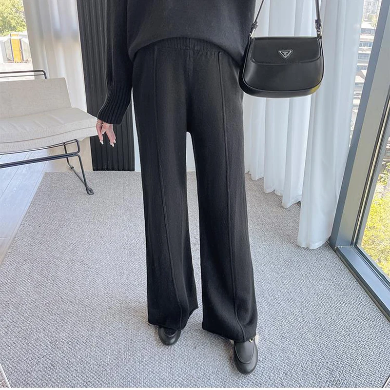 Medium High Neck Sweater Drape Knit Wide Leg Pants Maternity Two-piece Sets Solid Loose Classic Soft Warm Pregnant Women Suits