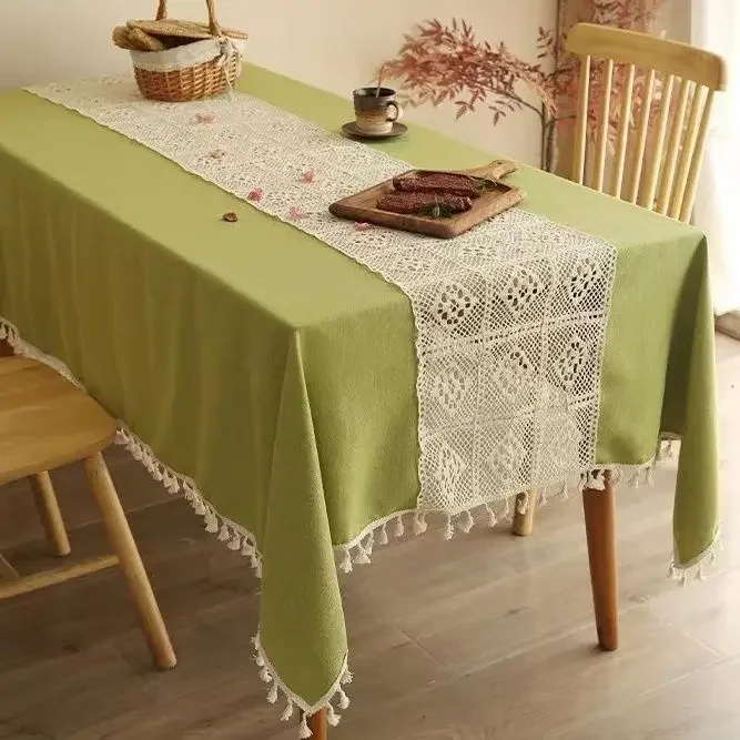 

Cotton Linen Lace Patchwork Tablecloth French Hollow Crochet Plaid Tea Table Cloth Tassel Decorative Green Tabletop Cover