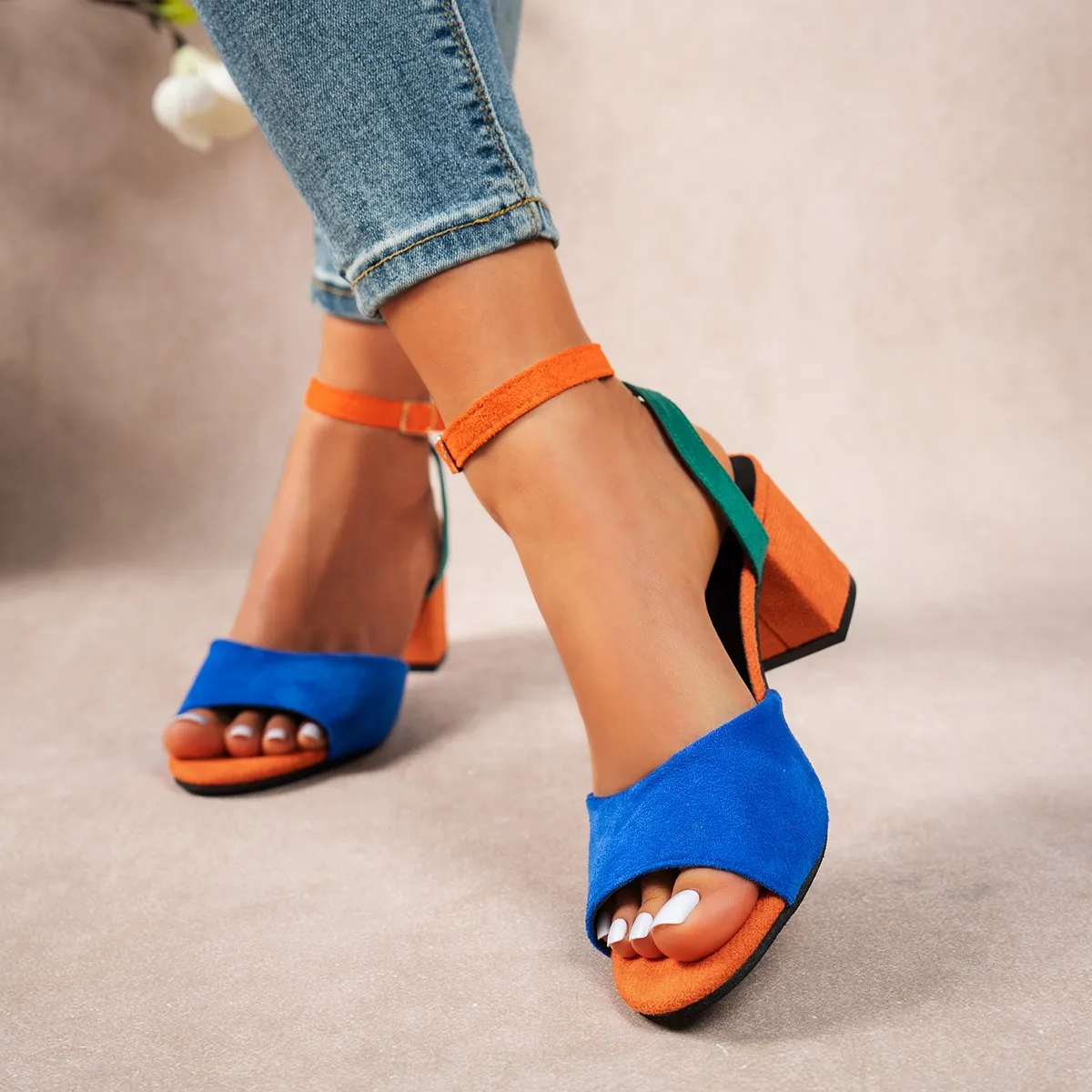 Fashion Block Heel Slingbacks Women Color Match Open Toe Pumps Elegant Office Ladies High Heels Women's Comfortable Sandals
