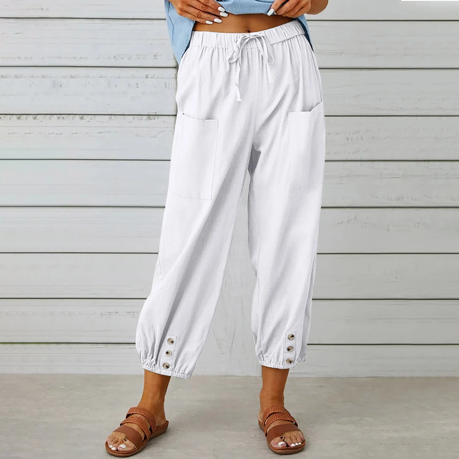 

Women Nine-point Pants Loose 2023 Summer Fashion Pocket Trousers Solid Cotton Linen Harajuku Casual Wide Leg Pants Streetwear