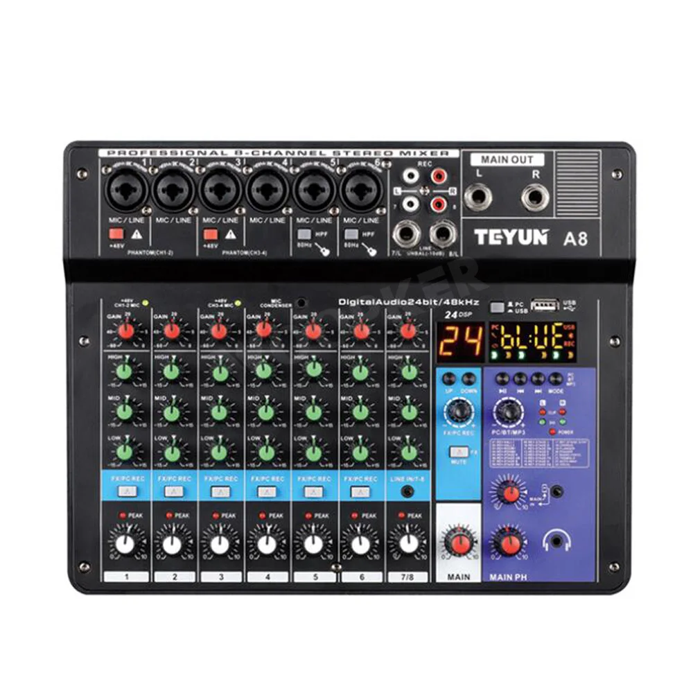 Woopker A8 Audio Mixer 8-Channel Sound Mixing Console Support Bluetooth USB 48V Power for Karaoke Party Recording Webcasting