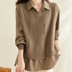 Spring and Autumn Women's Polo Neck Solid Button Spliced Sweater Knitted Long Sleeve Shirt Fashion Elegant Casual Commuter Tops