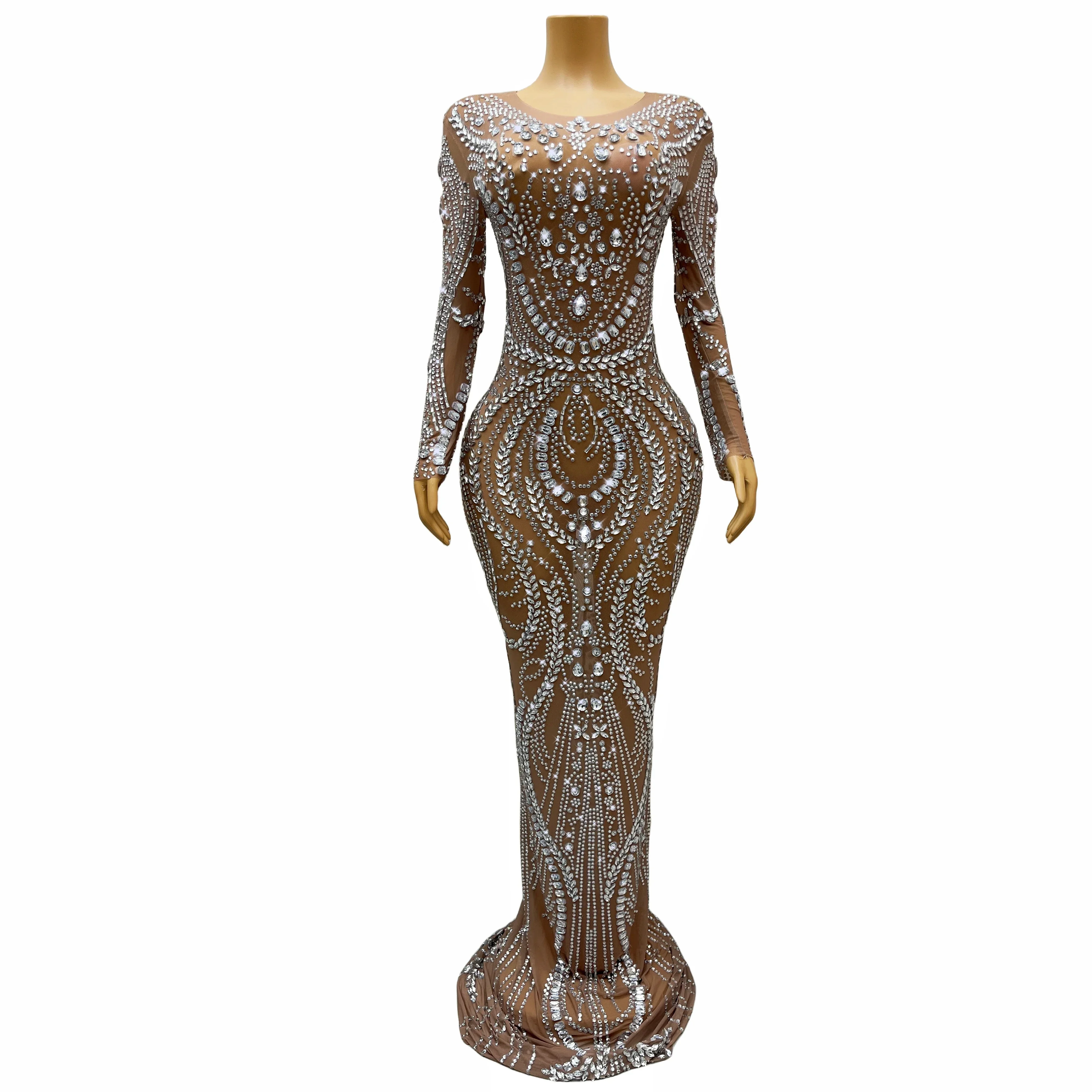 Sparkly Silver Rhinestones Long Sleeves Crystals Long Train Dress Nude Mesh Birthday Celebrate Costume Performance fulin