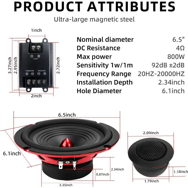 Altoparlanti Componenti da 6,5 Pollici 800W, Woofer ad Alte Prestazioni, Include Altoparlanti Mid-Bass, Tweeter a Cupola in Seta, Crossover Universali - immagine 6