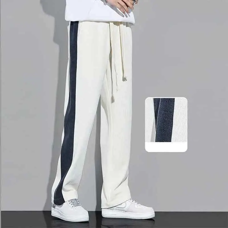 Korean Fashion Summer Quick Drying Loose Straight Pants Men Panelled Elastic Waist Drawstring Pockets Casual Versatile Trousers