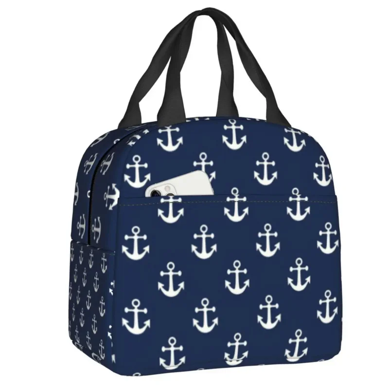 

Navy Blue Nautical Anchor Thermal Insulated Lunch Bag Women Portable Lunch Container for Camping Travel Multifunction Food Box