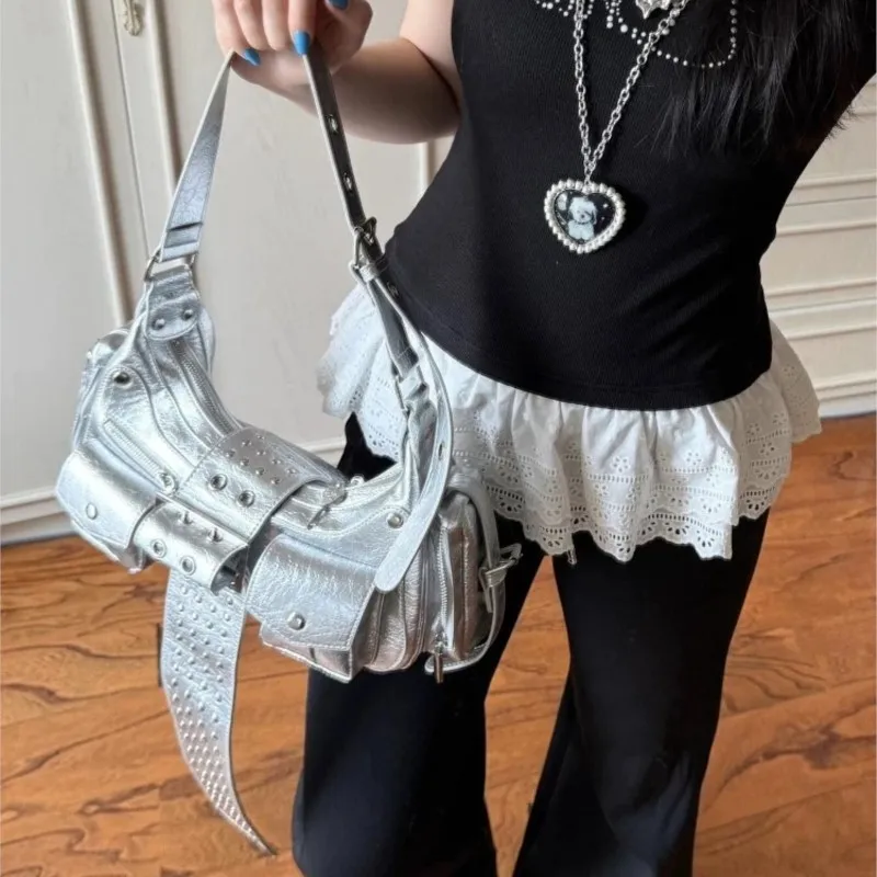 JIAERDI High Street Silver Y2k Shoulder Bags Women Rivet Pocket Chic Casual Underarm Bag Hot Girls Moto Biker Crossbody Bags New