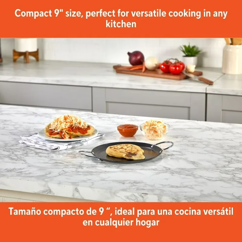 9in Carbon Steel Nonstick Round Comal with Metal Handles, Black 4