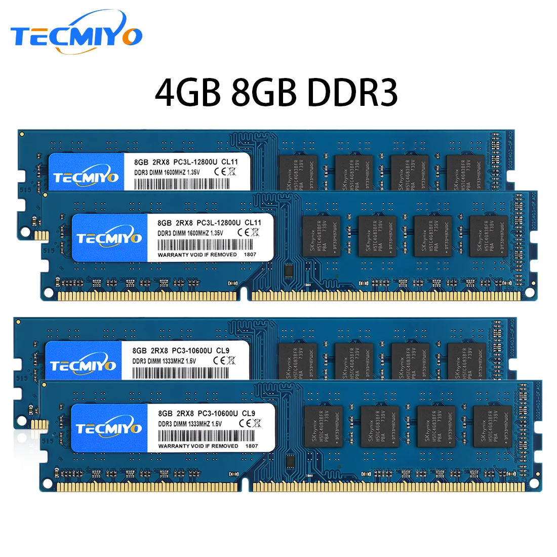 Desktop ram memory TECMIYO 4GB 8GB DDR3 DDR3L 1600MHz 1333MHz PC3-12800U PC3-10600 DIMM 1.5V 1.35V 2RX8 Non-ECC