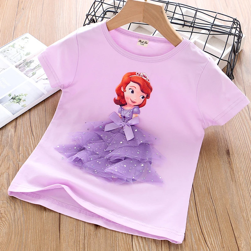 

2023 Summer Kids Clothes Love Lace Frozen 2 Elsa Princess Short Sleeve T Shirts Pretty Little Girls Costume Children Tee Tops