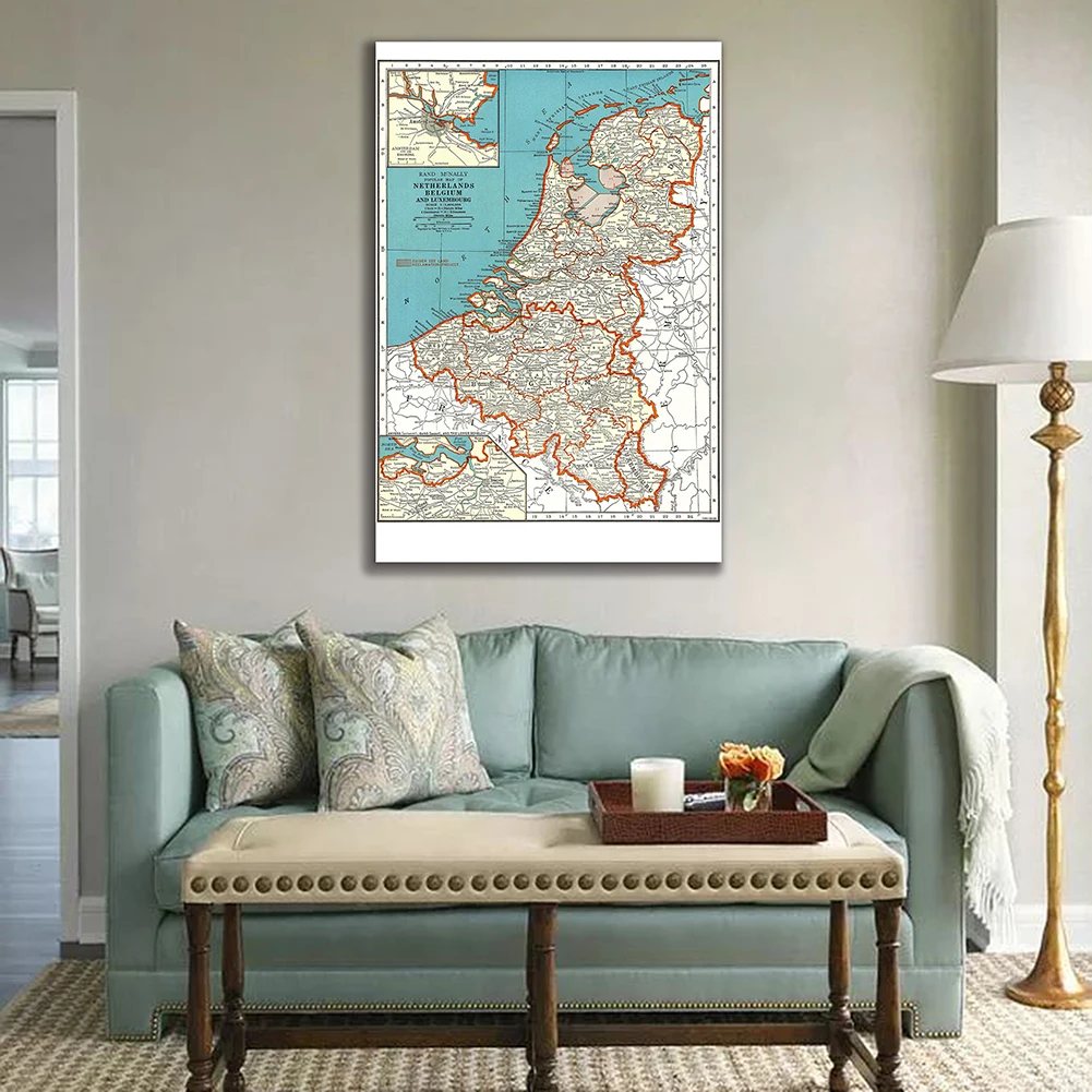 100*150cm Map of The Belgium and Netherlands in 1936 Retro Wall Art Poster Canvas Painting Home Decor School Supplies