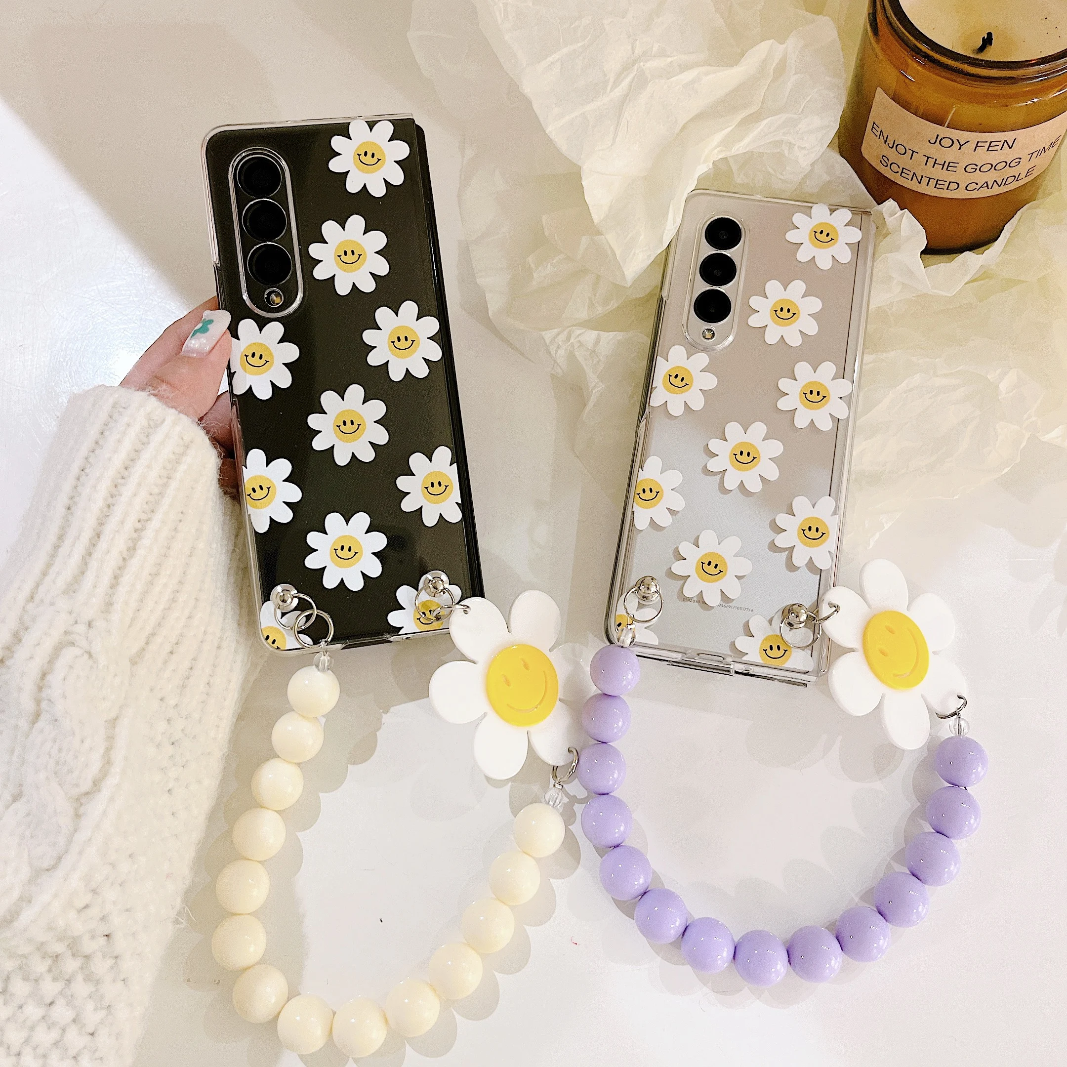 Cute Smile Flower Bracelet Phone Case For Samsung Galaxy Z Flip 3 Zfold3 With Hand Chain Folding Hard Pc Clear Cover For Z Flip3