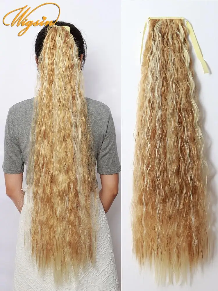 

Synthetic 85cm Long Kinky Curly Ponytail Drawstring Clip in Hair Extension Black Blonde Hairpiece for Women