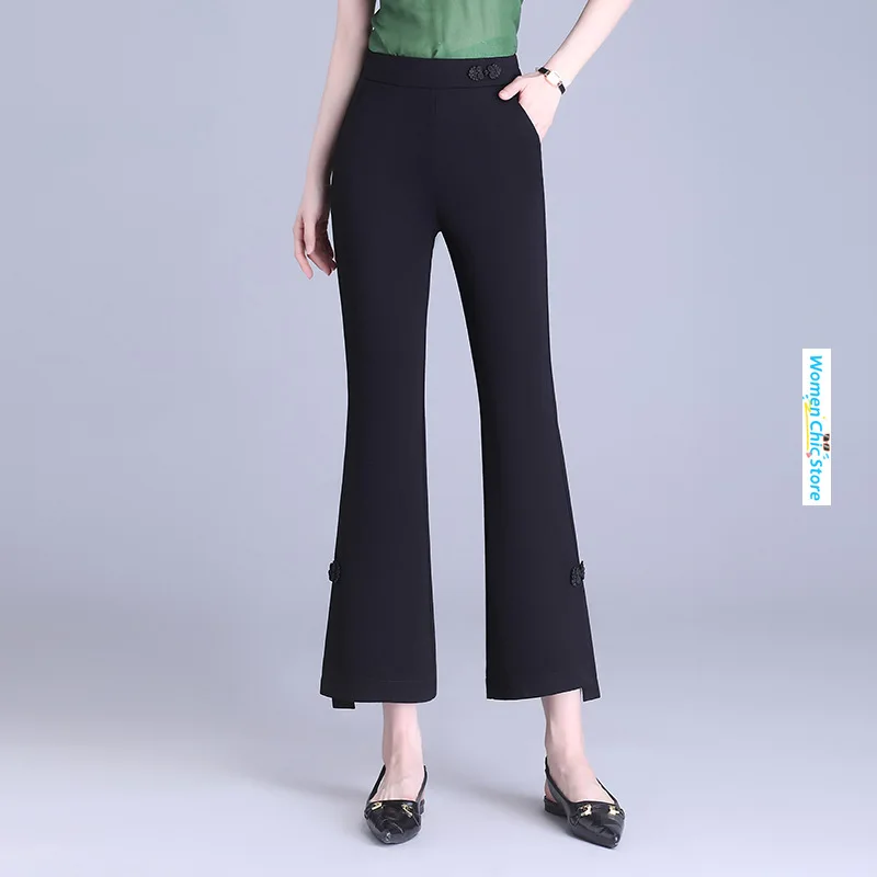 

Женские брюки-клеш с завышенной талией, черные элегантные облегающие брюки с поясом на резинке и пуговицах, модель C8803 на лето, 2024