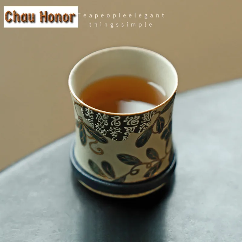 80ml Blue And White Flint Red Rotating Cup Handmade Gold Drawing Entwined Lotus Teacup Relief Woman Host Water Jug Coffee Mugs