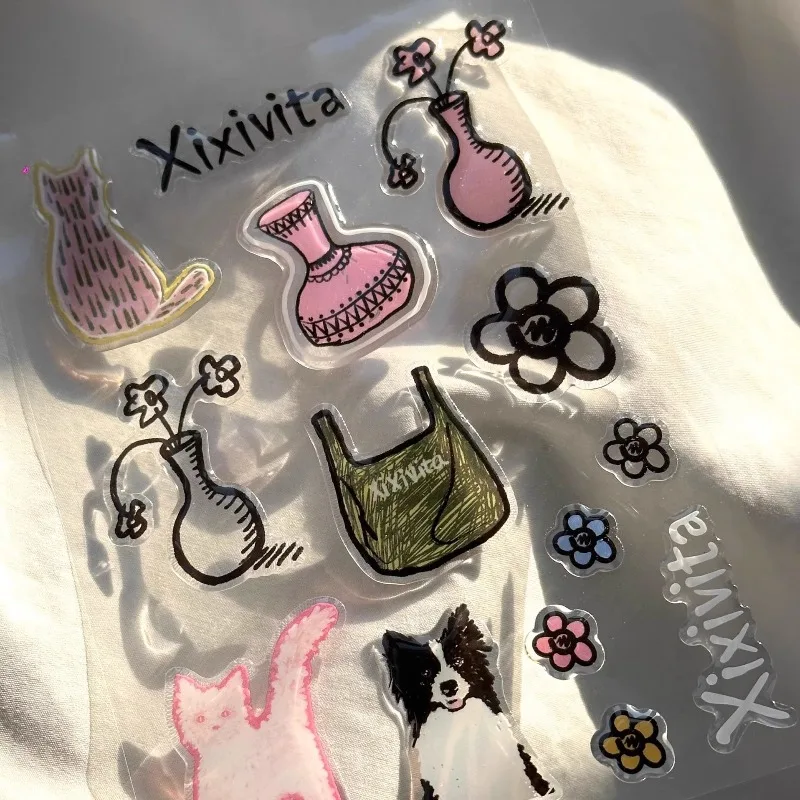 Korean Simple Ins Style Epoxy Transparent Jelly Cute Cartoon Small Animal Boys Girls Kids Pet Bag Flower Sticker