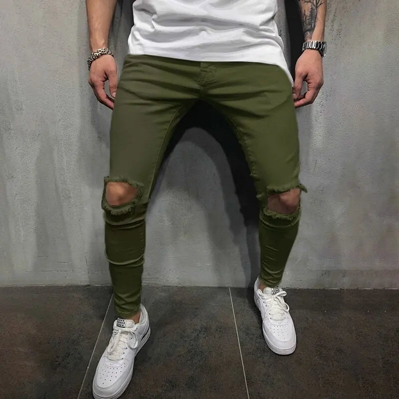 Men Ripped Jeans Spring Summer Autumn Fashion Casual Hole Slim Fit Skinny Stretch Long Denim Pants Streetwear