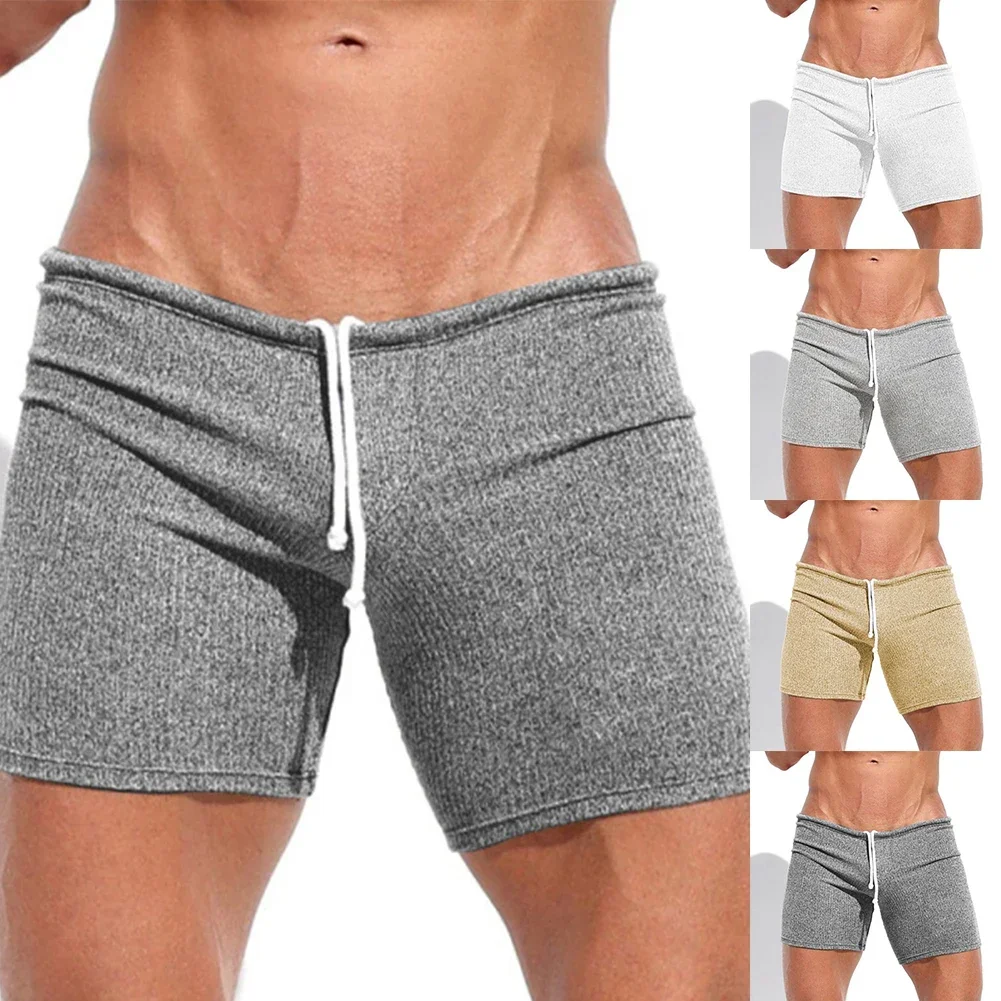 Mens Sexy Drawstring Ribbed Sleepwear Shorts Outdoor Sports Jogging Gym Sportswear Short Pants Holiday Casual Slim Male Shorts 6