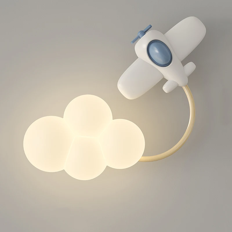 Children Bedroom Bedside Wall Lamp Cartoon Airplane Lights PE Lampshade Star Rainbow Kite Hot Air Balloon Cloud Night Light