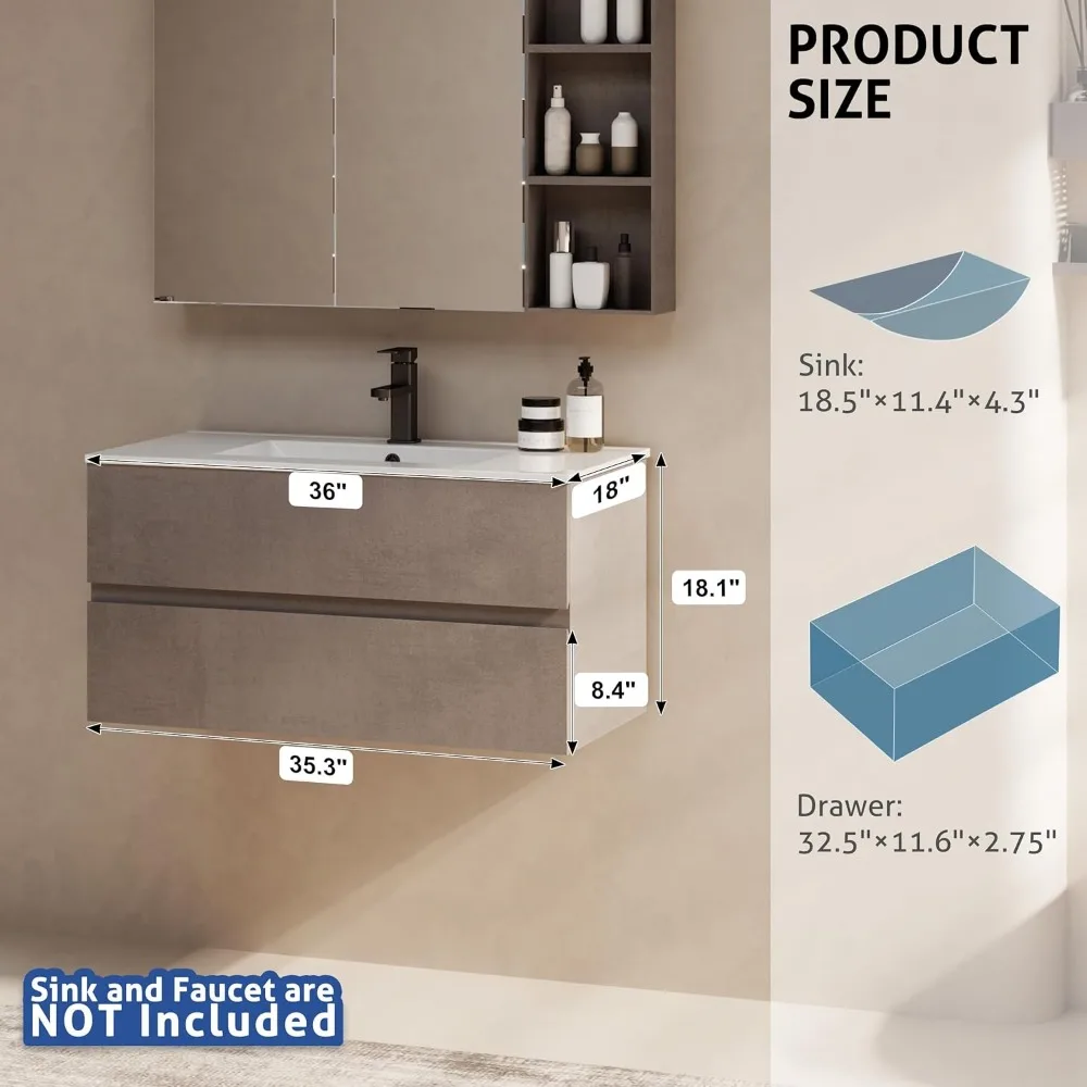 36" Wall Mounted Bathroom Vanity with Sink Combo Set, Floating Bathroom Storage Cabinet w/Bevelled Invisible Handles,Cement Grey 6