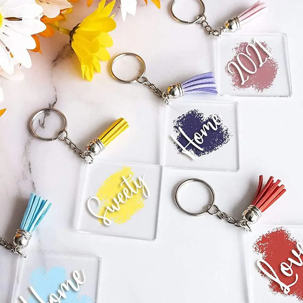 200Pcs Blanks Keychain Acrylic Blanks Bulk with 4 Shapes  Acrylic Leather Tassel Charms Key Chains Jump Ring for DIY Supplies