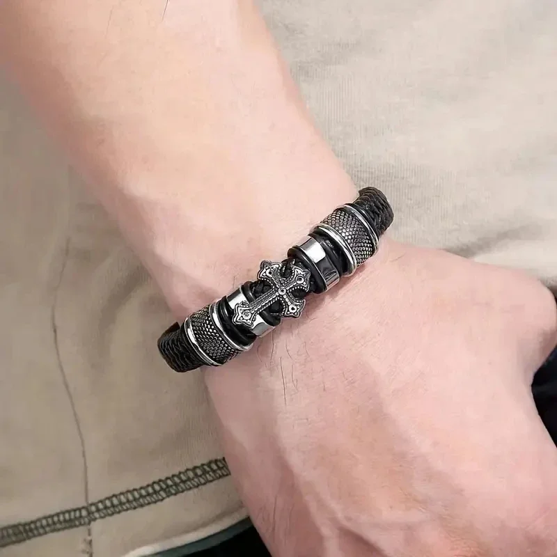 Hand Woven Leather Cross Bracelet Magnetic Clasp Men's Fashion Pendant Religious Amulet Jewelry leather bracelet leather magnetic bracelet