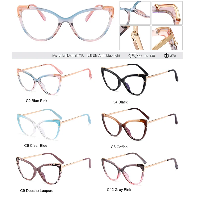 Trend Optical Reading Glasses Blue Light Filter Fashion Transparent Cat Eye Glasses Frame TR90 Women's Prescription Eyeglasses + 5