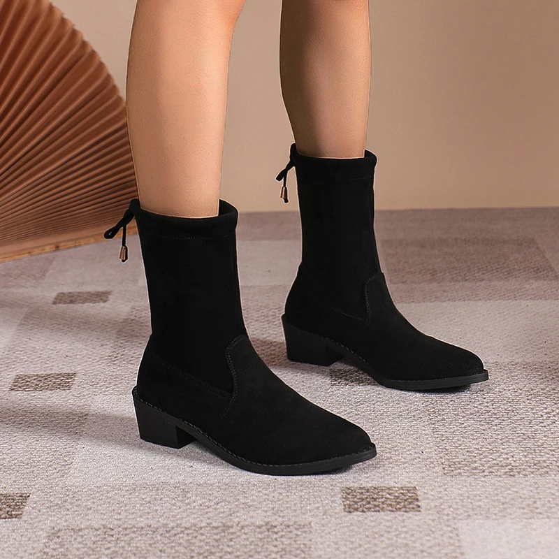 

Зимняя женская обувь 2023, женские ботинки до середины икры на шнуровке сзади, женские ботинки на квадратном каблуке, женская повседневная обувь на среднем каблуке