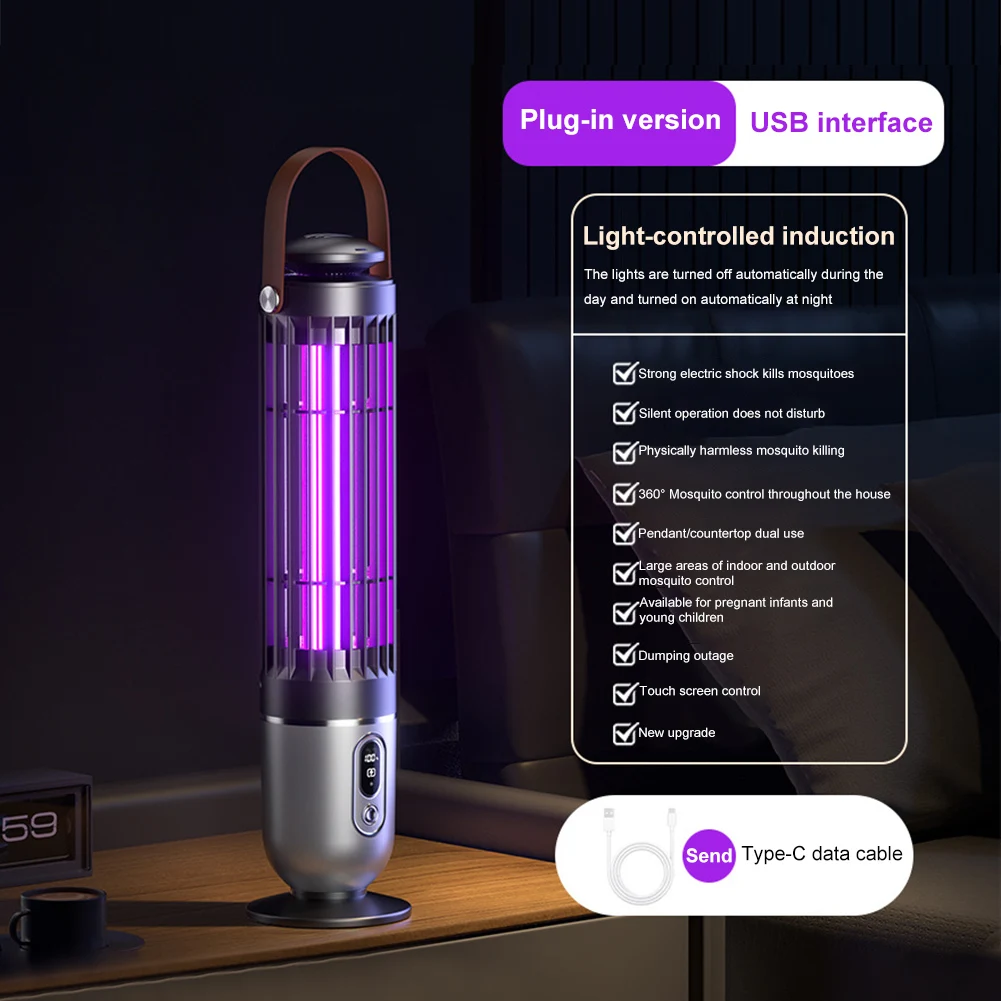 Household Mosquito Racket Light-Controlled Mosquito Repellent Lamp Silent Electric Swatter Light for Home Bedroom Living Room